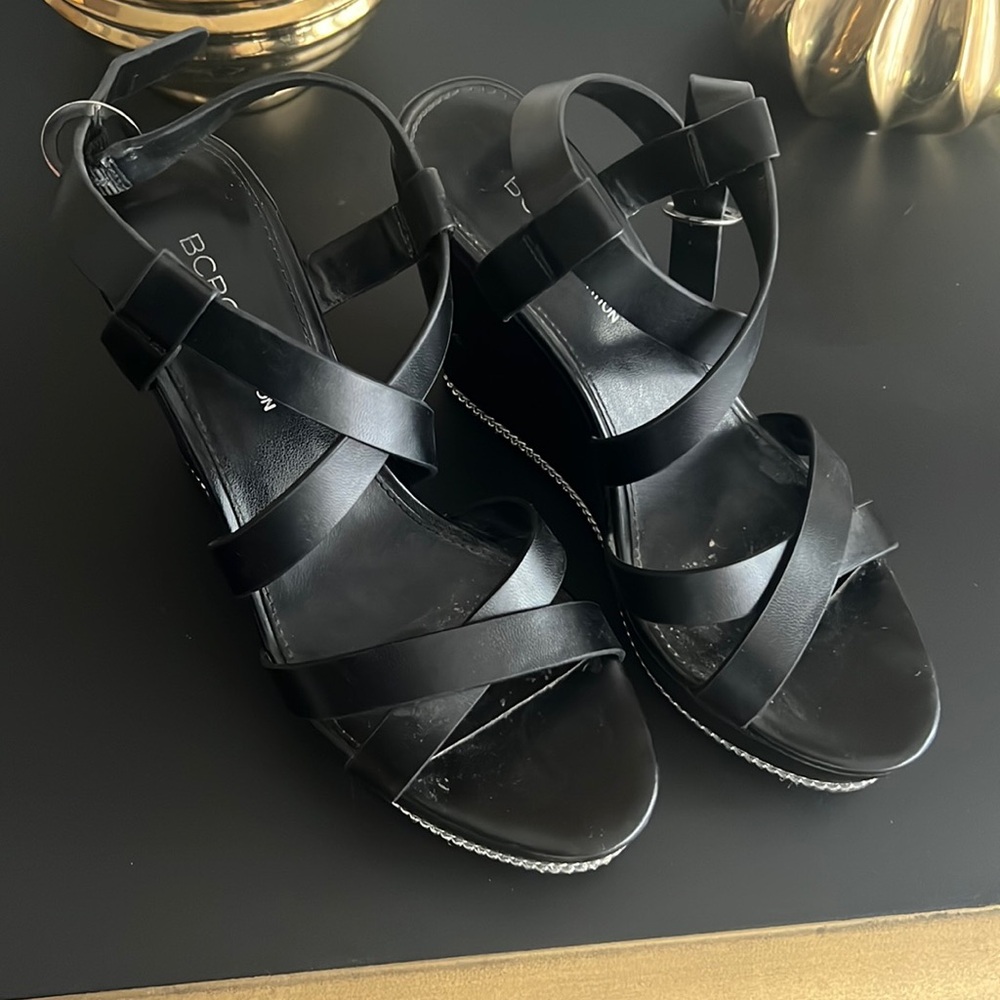 BCBG Strappy Wedge with Silver Detail